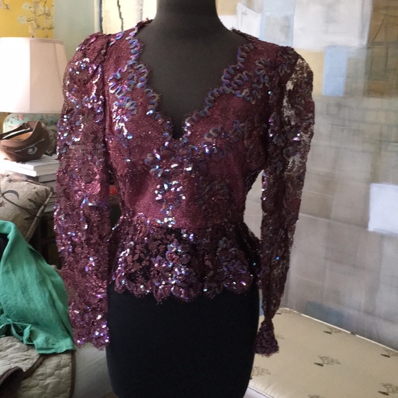 Vintage Tops - Vintage 🌹Sequin & Lace Peplam V-Neck Blouse